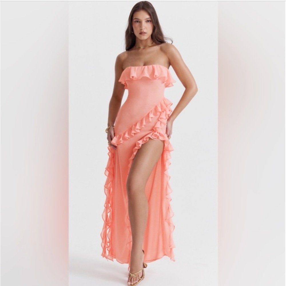 House of CB Sarina Strapless Apricot Ruffle Maxi Dress, Size S